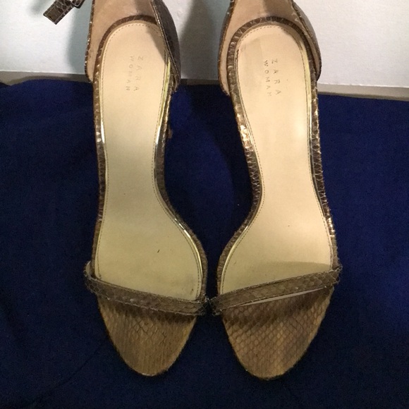 Zara, gold snakeskin, strappy sandals. - Picture 2 of 14